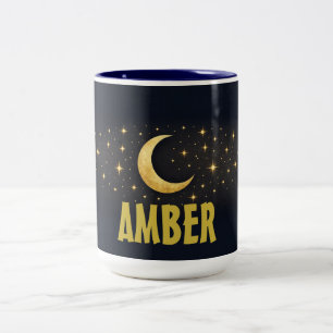 Tasse 2 Couleurs Lune céleste et étoiles Bleu minuit Nom personnali