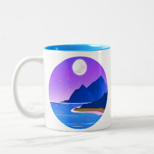 Tasse 2 Couleurs Lune, Etoiles Mer et Montagnes en Violet et Bleu