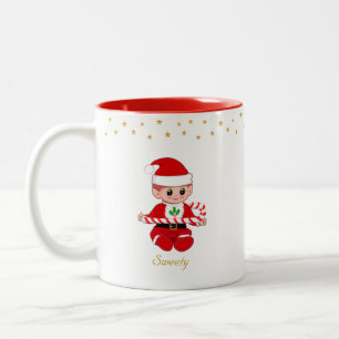 Tasse 2 Couleurs Lutin de Noël avec canne à sucre, étoiles dorées e