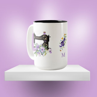 Tasse 2 Couleurs Machine à coudre Vintage à fleurs violet Monogramm
