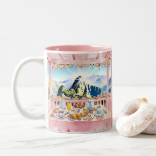 Tasse 2 Couleurs Machu Picchu Pink Aquarelle Petit déjeuner Voyage