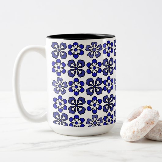 Tasse 2 Couleurs Magnifique Motif de Fleurs Bleues (Avec donut)