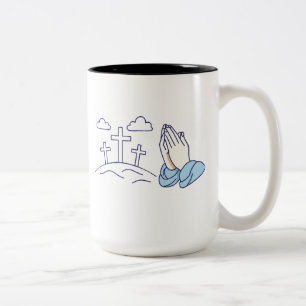 Tasse 2 Couleurs Mains en prière et croix du Calvaire