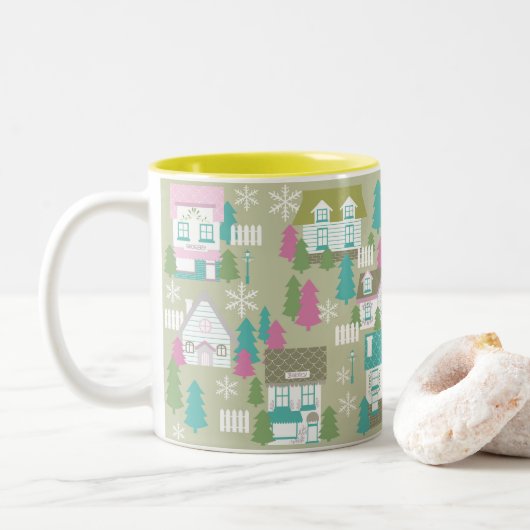 Tasse 2 Couleurs Maisons de Noël Vert (Avec donut)