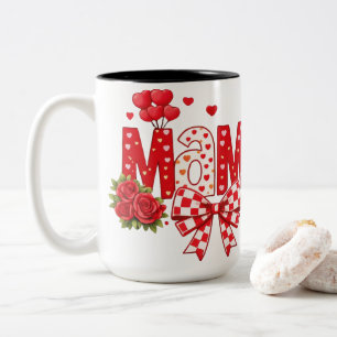 Tasse 2 Couleurs Mama Red Rose Cœurs et Nœud à Carreaux Graphique