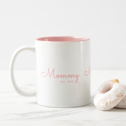 Tasse 2 Couleurs Maman Établie Rose Pâle Script (Avec donut)