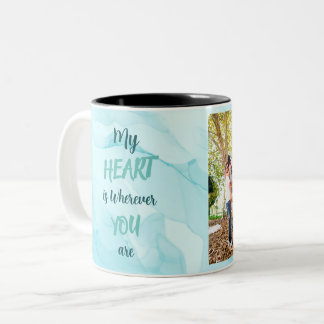 Tasse 2 Couleurs marbre turquoise personnalisées deux photos