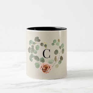 Tasse 2 Couleurs Mariage rustique au cœur de rose rose et d'eucalyp