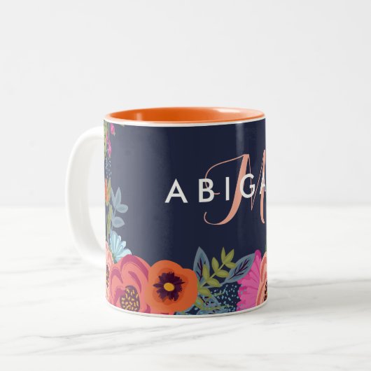 Tasse 2 Couleurs Marine Boho Flowers Nom et monogramme (Devant gauche)