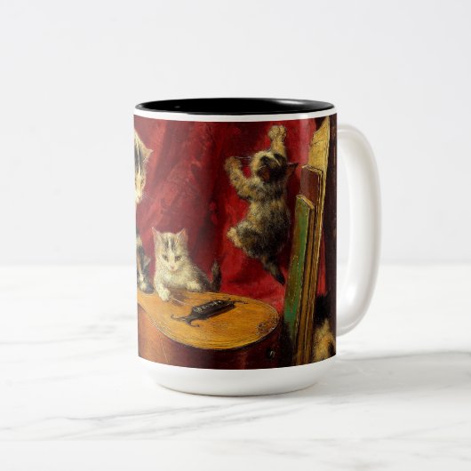 Tasse 2 Couleurs Mère Chat et chatons Jouer avec la guitare (Devant droit)