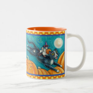 TASSE 2 COULEURS MICE BLANCHE & CHAT NOIR SUR CHASSE HALLOWEEN SCAV