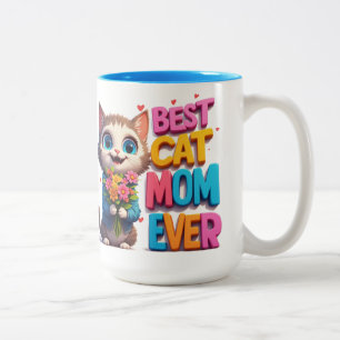 Tasse 2 Couleurs Mignon Chaton Tenant des Fleurs Cadeau pour Maman