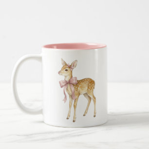 Tasse 2 Couleurs Mignon faon à l'aquarelle avec nœud rose Tons deux