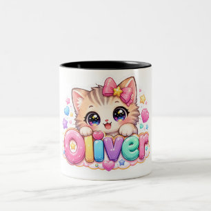 Tasse 2 Couleurs Mignon Kawaii Oliver Nom de Chat Pastel Rose Étinc