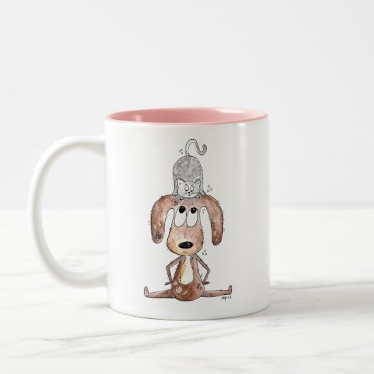 Tasse 2 Couleurs Mignonne chien Whimsical avec chat sur sa tête (Gauche)