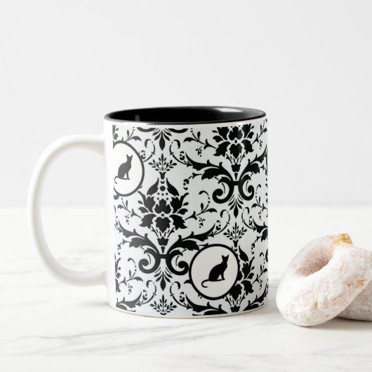 Tasse 2 Couleurs Modèle moderne élégante de Damas de chat (Avec donut)