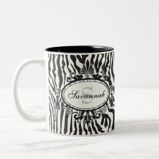 Tasse 2 Couleurs Modèle Zèbre noir et blanc Nom et monogramme perso (Gauche)