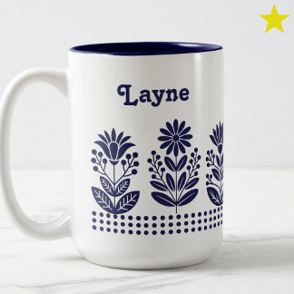 Tasse 2 Couleurs Modern Minimal Blue Folk Art Flowers Custom Name