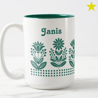Tasse 2 Couleurs Modern Minimal Teal Folk Art Flowers Custom Name