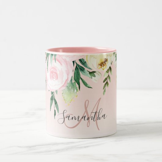 Tasse 2 Couleurs Moderne Pastel Rose & Fleurs Avec Nom (Centre)