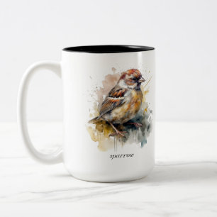 Tasse 2 Couleurs Moineau aquarelle rustique, personnalisé