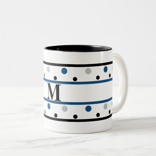 Tasse 2 Couleurs Monogramme bleu argent noir Pois (Devant droit)