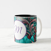 Tasse 2 Couleurs Monogramme, Cyan Blue Red Flowers (Devant droit)