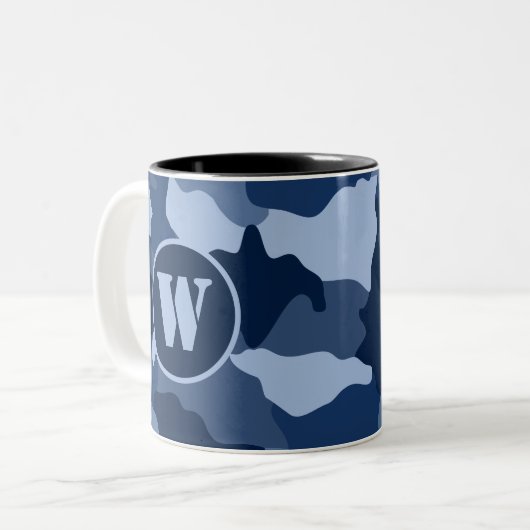 Tasse 2 Couleurs Monogramme de camouflage bleu initial (Devant gauche)