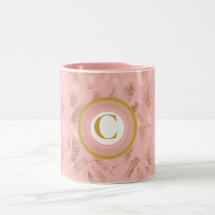 Tasse 2 Couleurs Monogramme de feuilles tropicales rose et or