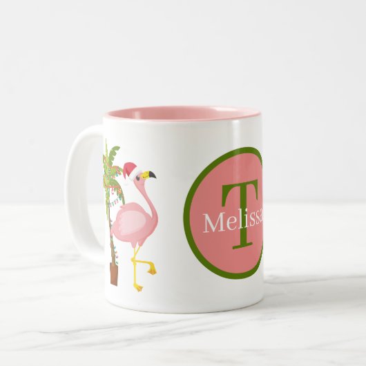 Tasse 2 Couleurs monogramme de flamand rose de Noël (Devant gauche)