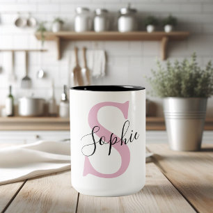 Tasse 2 Couleurs Monogramme de nom personnalisé moderne rose