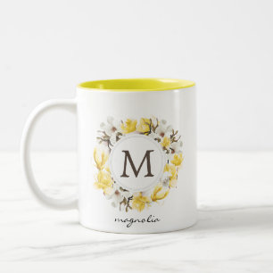 Tasse 2 Couleurs Monogramme de Wreath Magnolia jaune Aquarelle