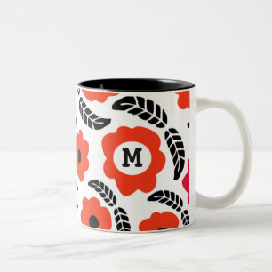 Tasse 2 Couleurs Monogramme floral orange et rouge moderne