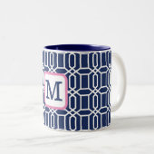 Tasse 2 Couleurs Monogramme géométrique octogone blanc de la marine (Devant droit)