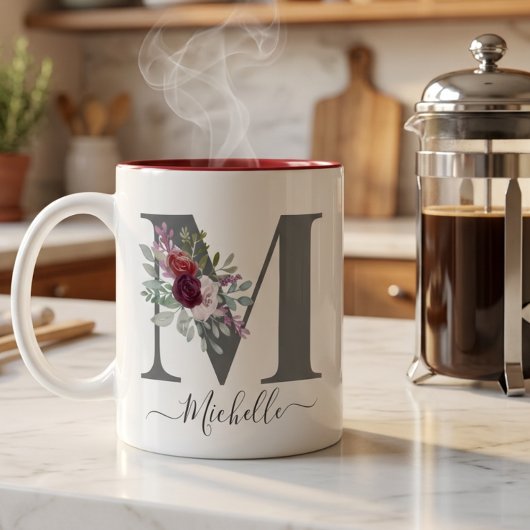 Tasse 2 Couleurs monogramme Initial Nom Floral