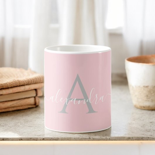 Tasse 2 Couleurs Monogramme Initial Nom Rose Blanc Écriture Élégant