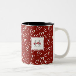 Tasse 2 Couleurs Monogramme moderne Rouge Valentine Motif de coeur