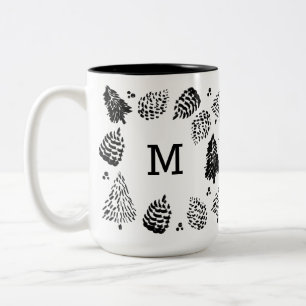 Tasse 2 Couleurs Monogramme noir et blanc de Pinecones et de pin