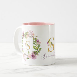 Tasse 2 Couleurs Monogramme Or moderne S Aquarelle Florale Wreath