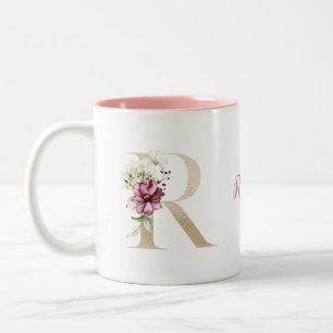 Tasse 2 Couleurs Monogramme personnalisé Lettre dorée R Floral rose