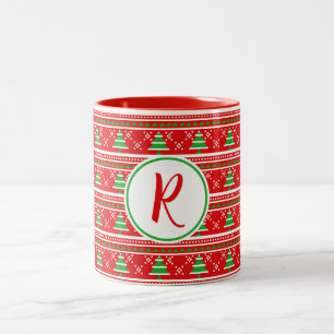 Tasse 2 Couleurs Monogramme Red Green Christmas Trees