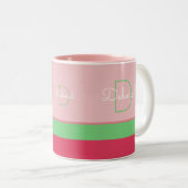 Tasse 2 Couleurs monogramme rose et vert sur mesure avec rayures (Devant droit)