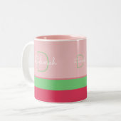 Tasse 2 Couleurs monogramme rose et vert sur mesure avec rayures (Devant gauche)