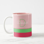 Tasse 2 Couleurs monogramme rose et vert sur mesure avec rayures (Gauche)