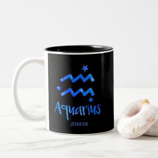 Tasse 2 Couleurs Monogramme, signe zodiaque, Aquarius avec galaxie (Avec donut)