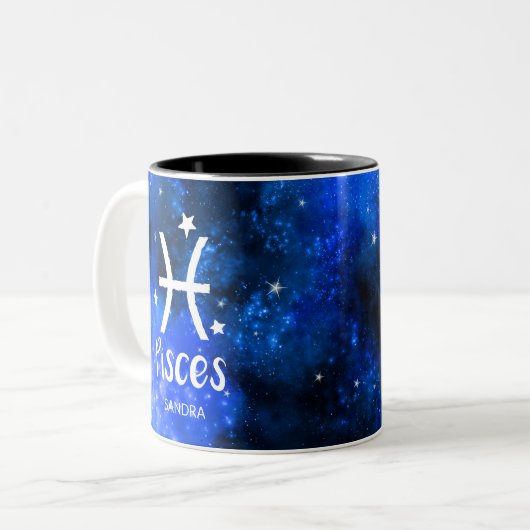 Tasse 2 Couleurs Monogramme, signe zodiaque, Pisces avec galaxie bl (Devant gauche)