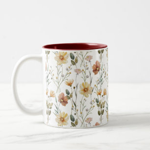 Tasse 2 Couleurs Motif botanique de fleurs sauvages aquarelle douce