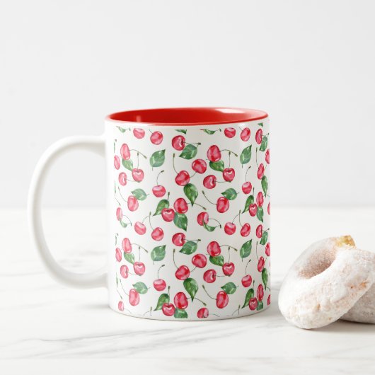 Tasse 2 Couleurs Motif d'aquarelle cerise (Avec donut)