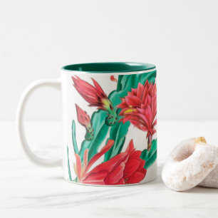 Tasse 2 Couleurs Motif de cactus à fleurs rouges vertes