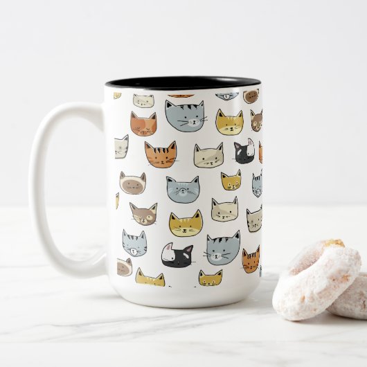 Tasse 2 Couleurs Motif de Doodle visage de chat (Avec donut)